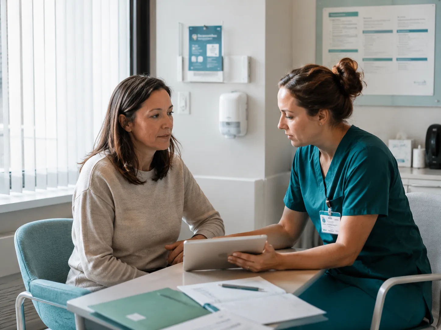 Infirmière discutant avec une patiente tout en montrant des informations sur une tablette en consultation médicale.