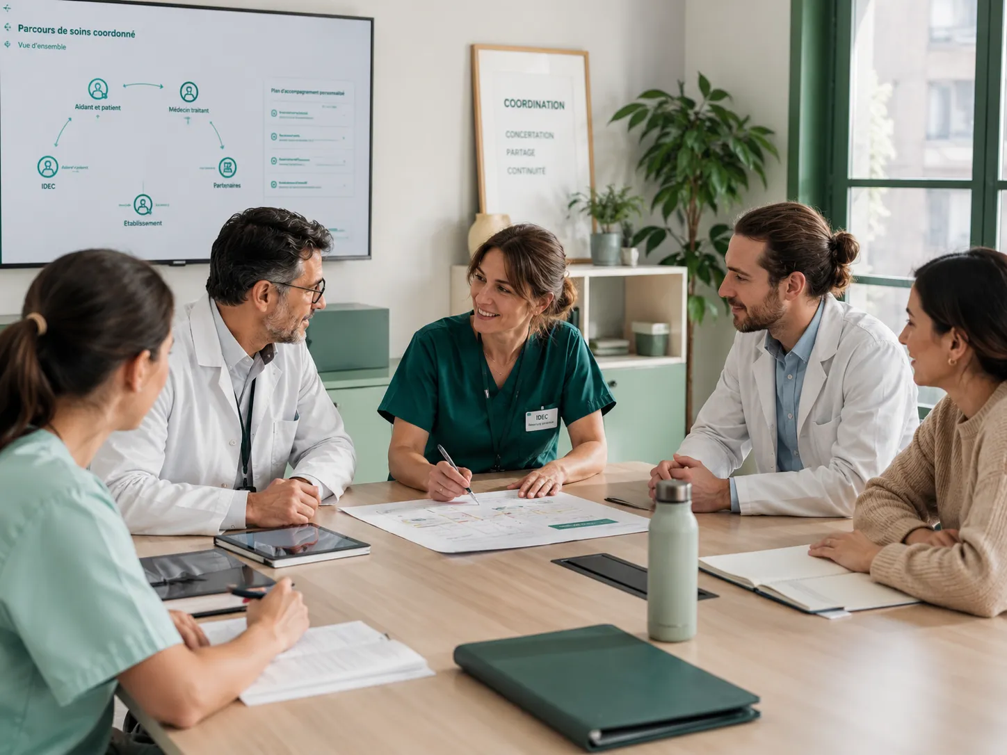 Équipe médicale diverse en réunion discutant d’un plan de soins coordonnés dans une salle lumineuse.