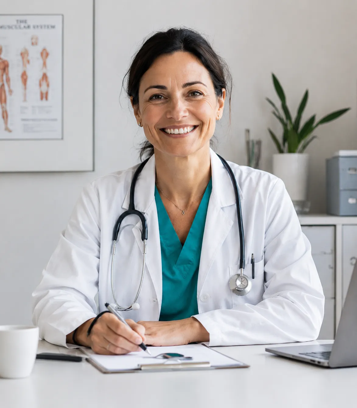 Médecin souriant portant une blouse blanche et un stéthoscope, écrivant sur un clipboard.