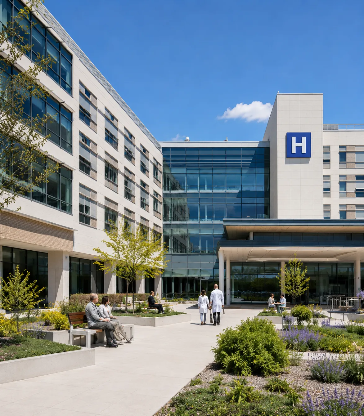 Deux médecins marchant vers l'entrée d'un hôpital moderne avec des gens assis dans le jardin.