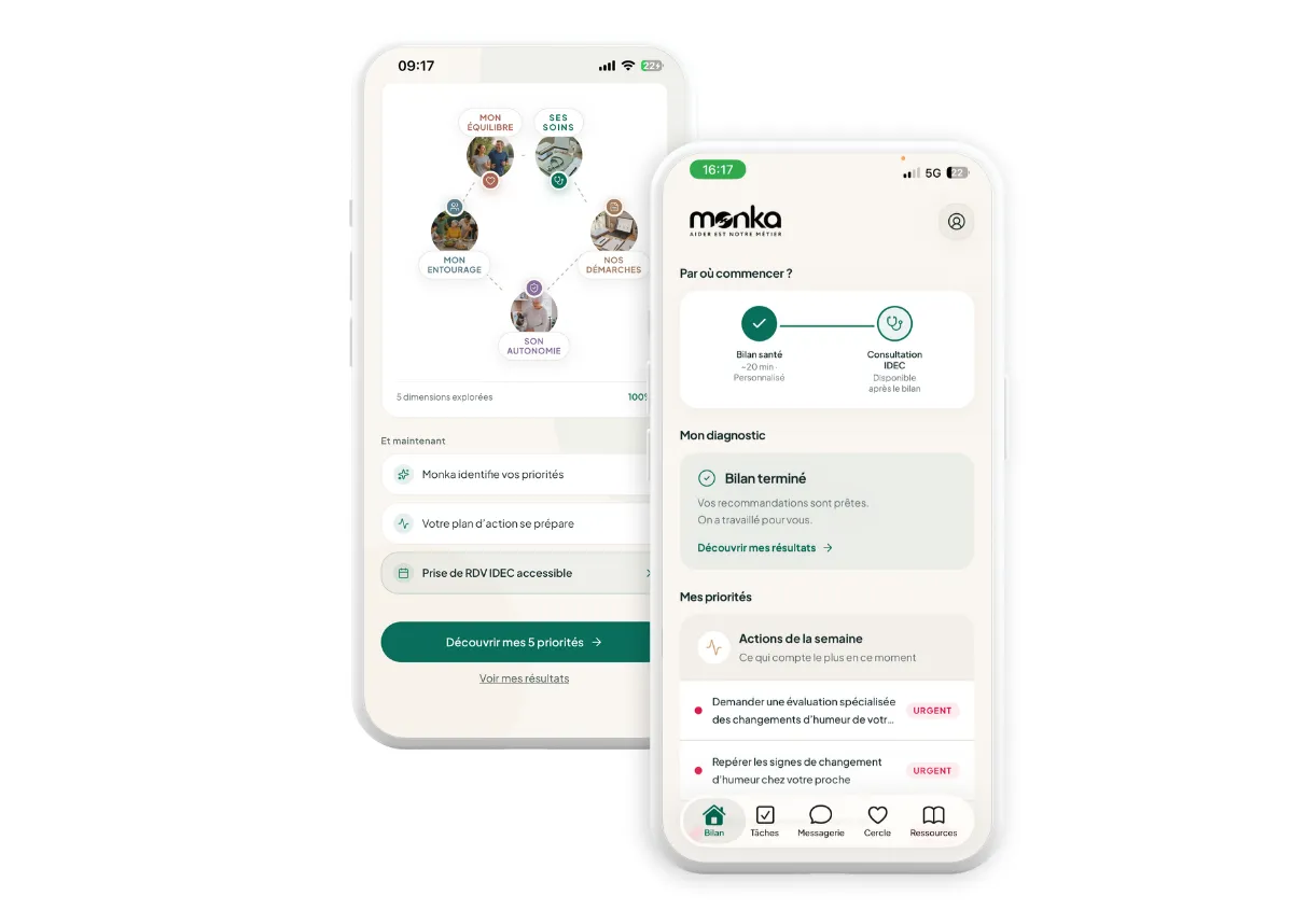 Deux écrans de smartphone affichant une application d'aide avec des sections pour contacter la caisse de retraite et la plateforme de répit locale.