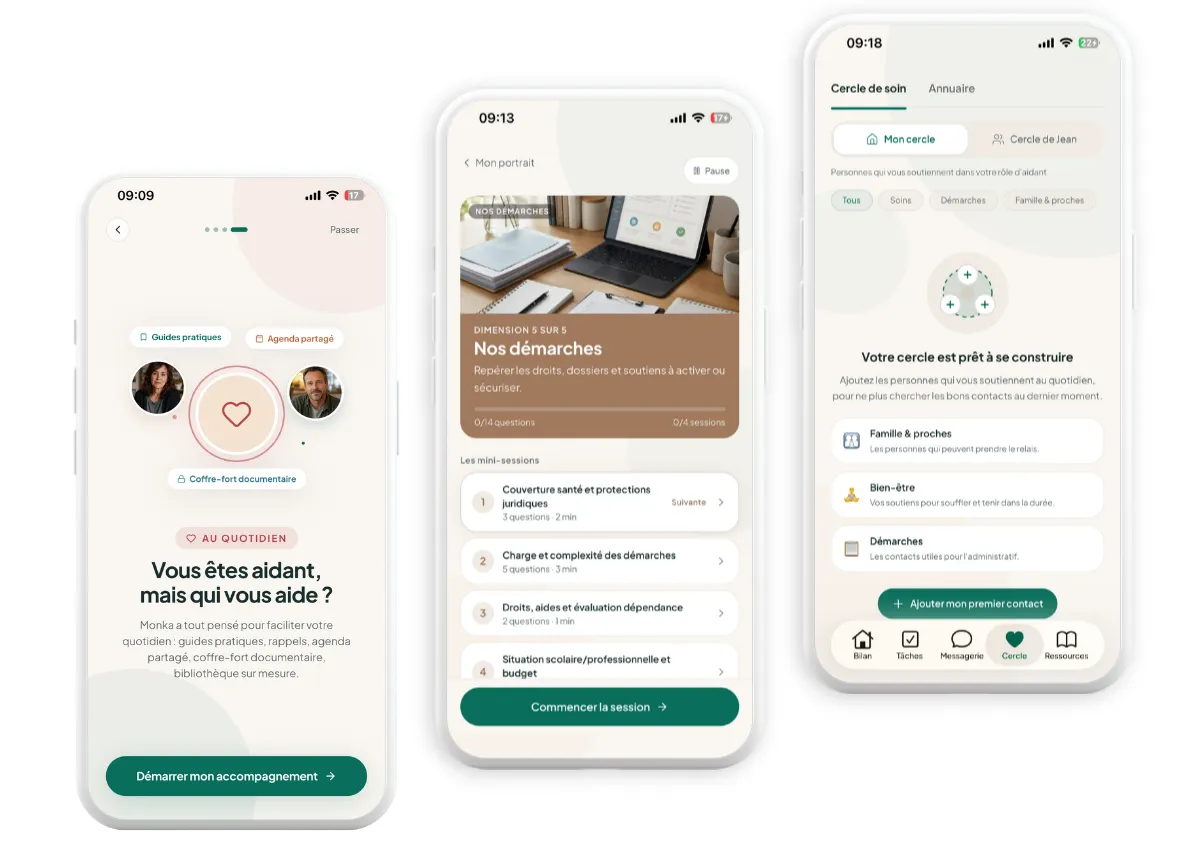 Trois écrans d'application d'aide aux aidants avec guides, démarches, contacts, et ressources personnalisées.