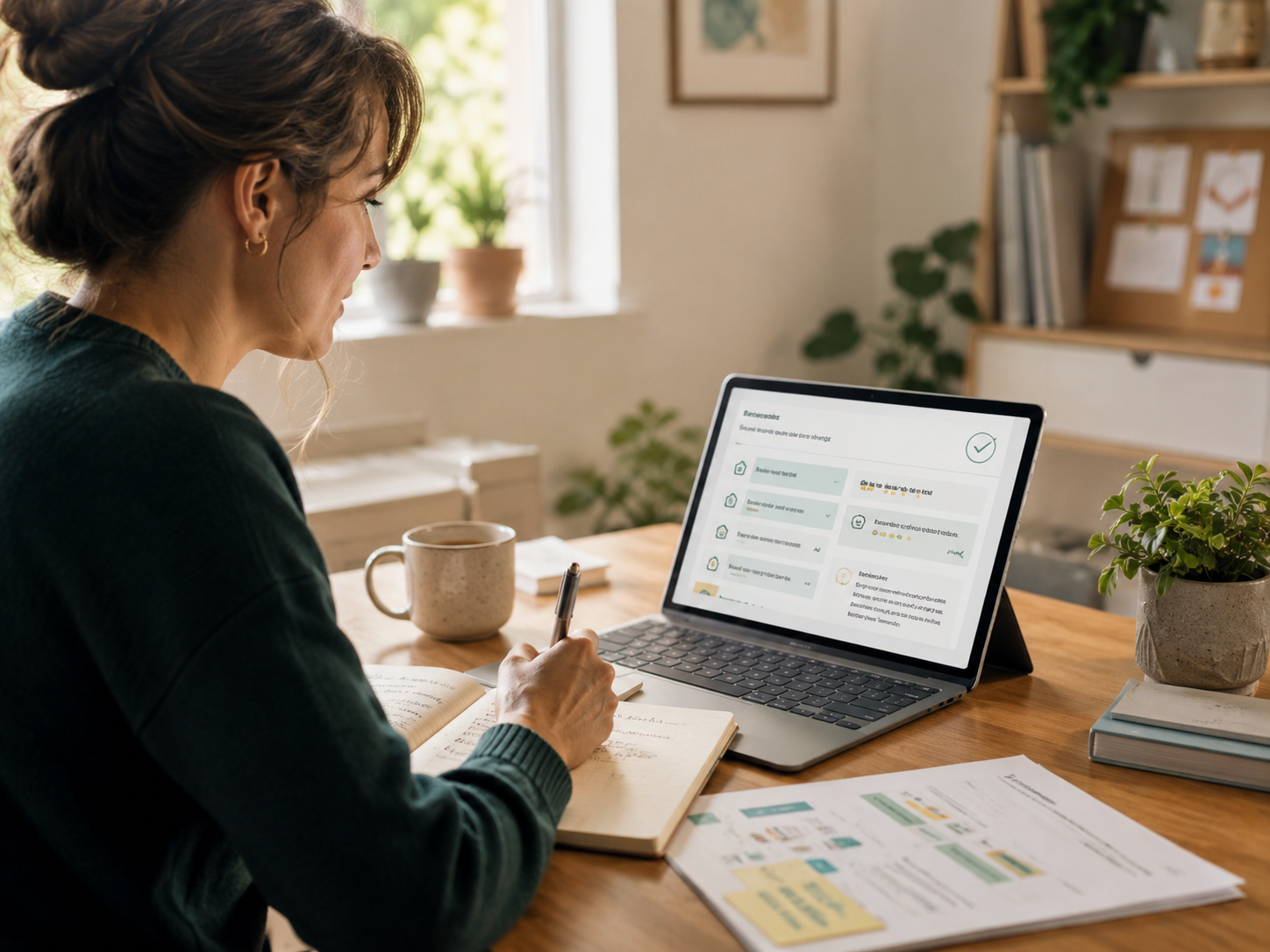 Femme prenant des notes devant un ordinateur portable affichant une interface de gestion de tâches.
