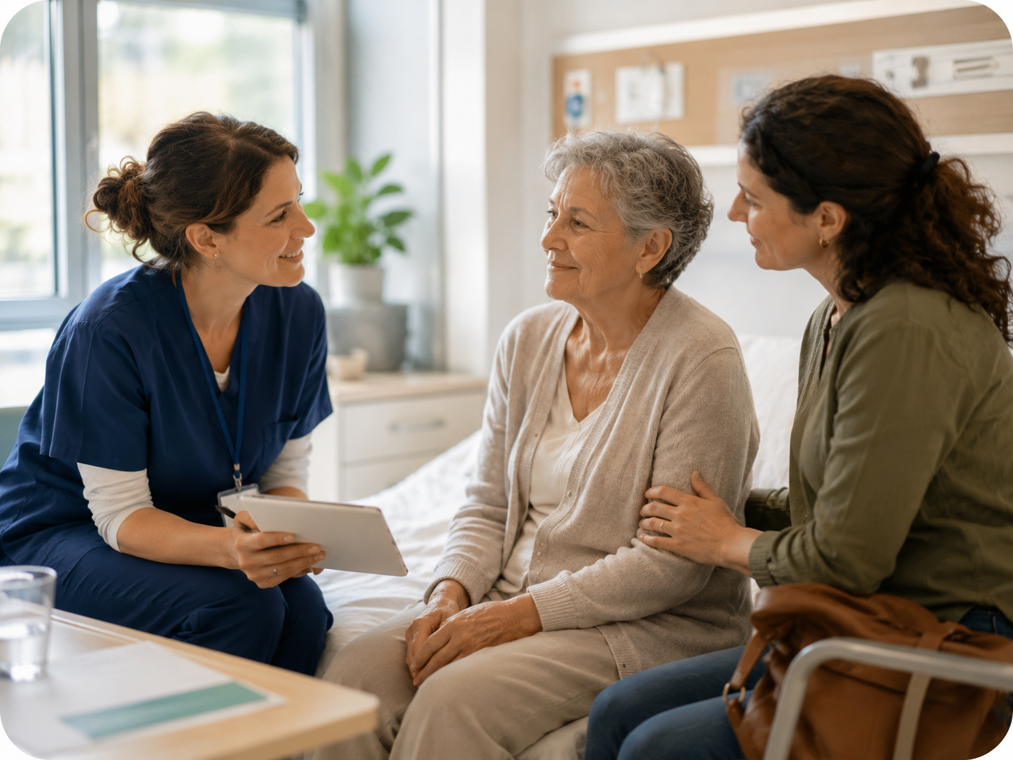 Une infirmière souriante avec une tablette parle à une femme âgée assise avec une proche à ses côtés.