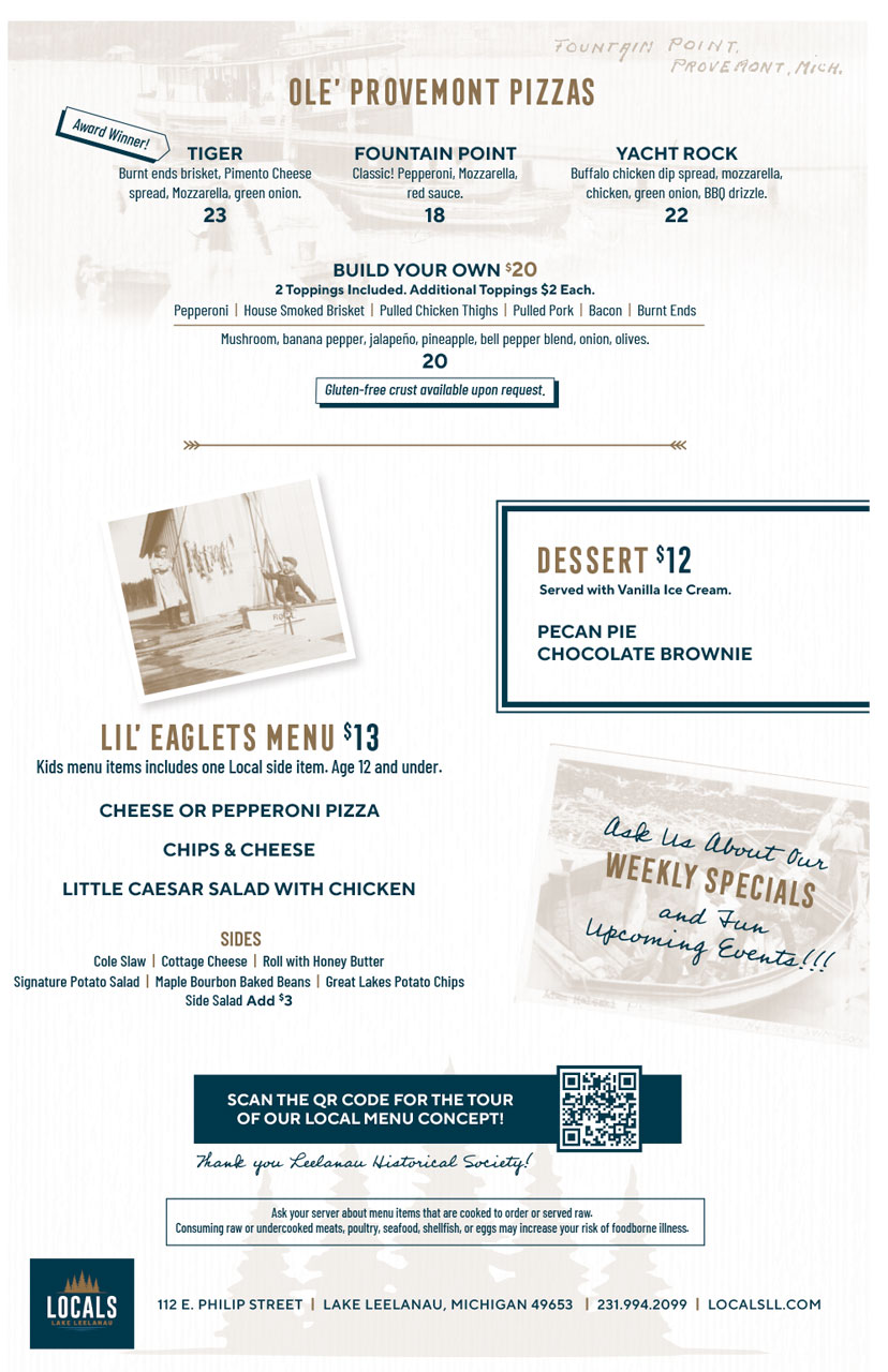 Ole' Provemont pizzas, lil' eaglets kids menu, dessert, sides, and weekly specials with a QR code.