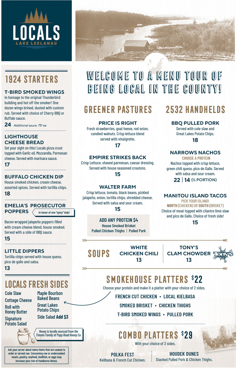 Locals Lake Leelanau menu showing starters, sides, soups, handhelds, smokehouse and combo platters.