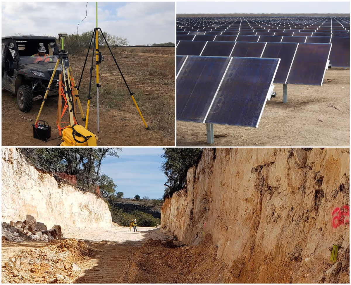 Collage of three images showing land surveying equipment on a dirt field, rows of solar panels installed on a barren field, and a person using surveying tools in a rocky excavation site.