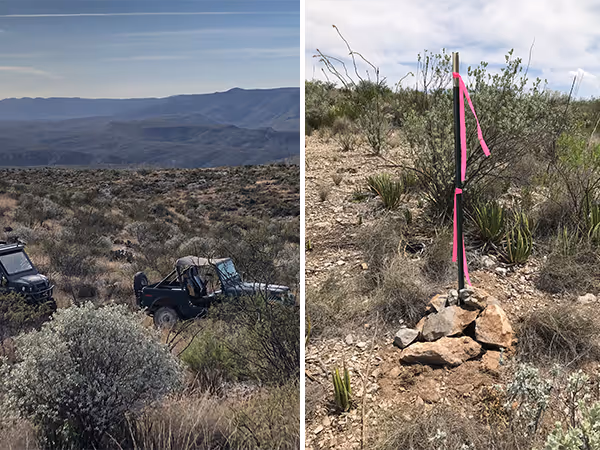 Side-by-side images showing a rugged off-road vehicle in a dry, mountainous desert landscape and a stone pile marker with a metal rod wrapped with pink ribbons surrounded by desert vegetation.