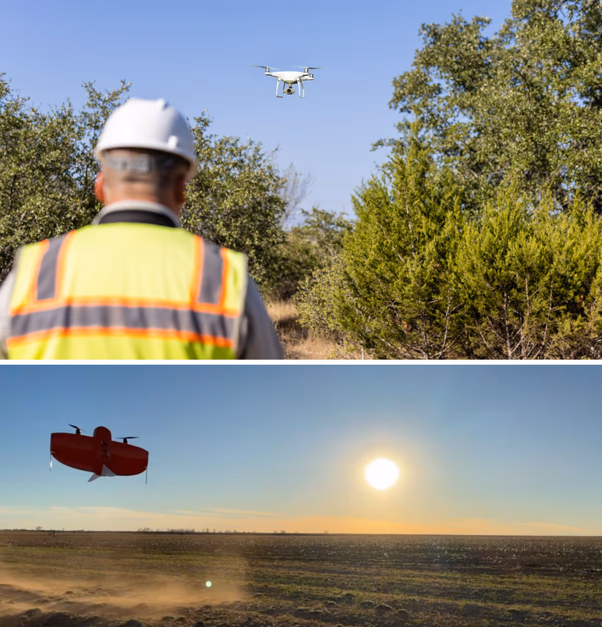 Top: A person in a safety vest and helmet operates a flying white drone near trees under a clear blue sky. Bottom: A red fixed-wing drone flies low over an open field