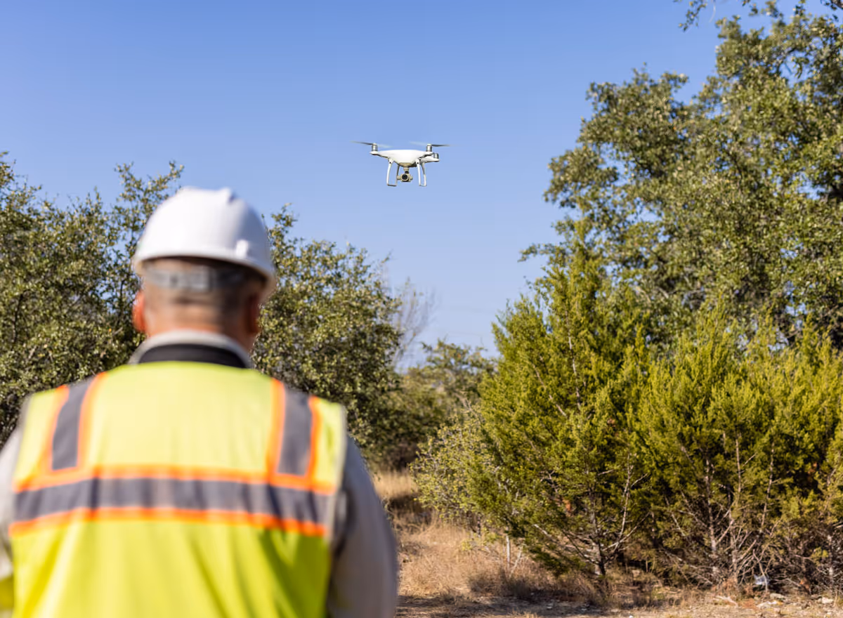 Man wearing a white hard hat and yellow safety vest operating a drone outdoors near trees under a clear blue sky.