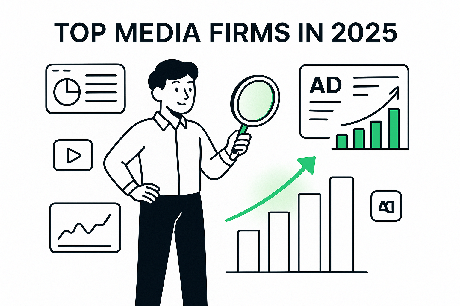 Confident character analyzing digital ad growth with glowing magnifier, sleek UI, and rising bar charts.