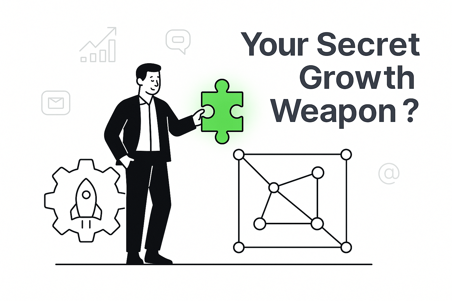Confident character fits glowing puzzle into digital interface beside rocket-shaped gear, bold growth text.