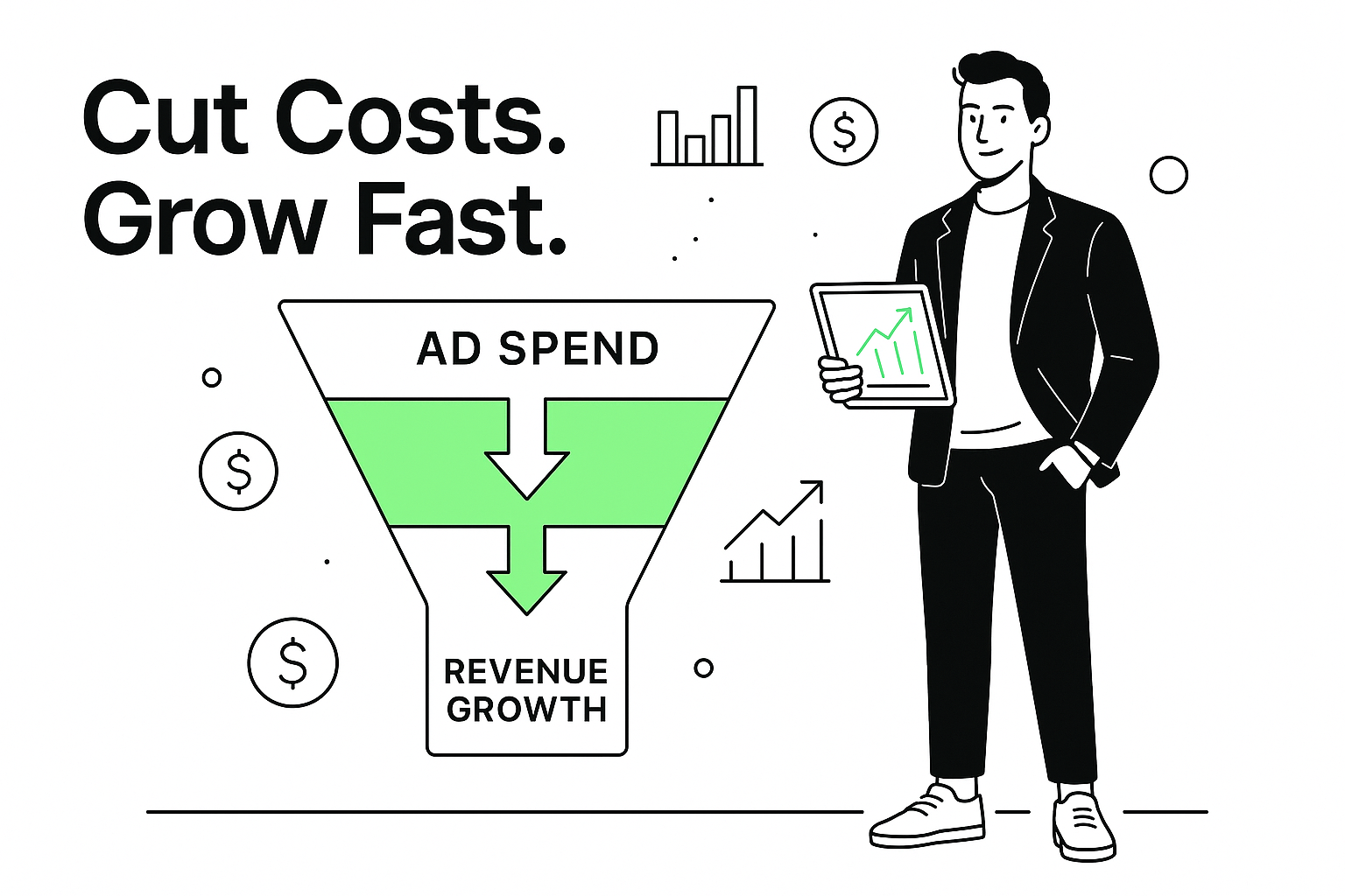 Confident young pro with tablet beside efficient sales funnel; icons suggest growth, tech, and savings.