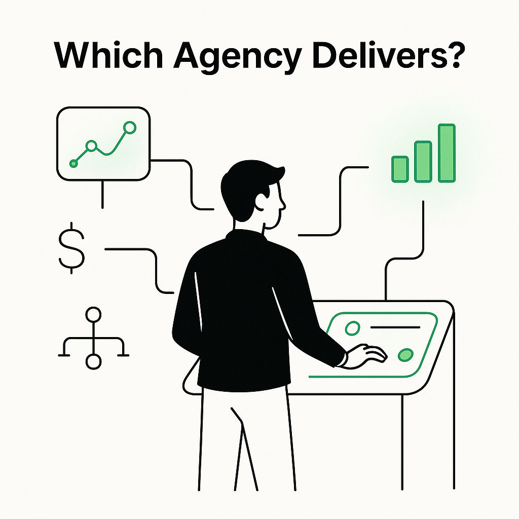 Modern marketer at digital dashboard analyzing media agency performance, with glowing and faded icons.