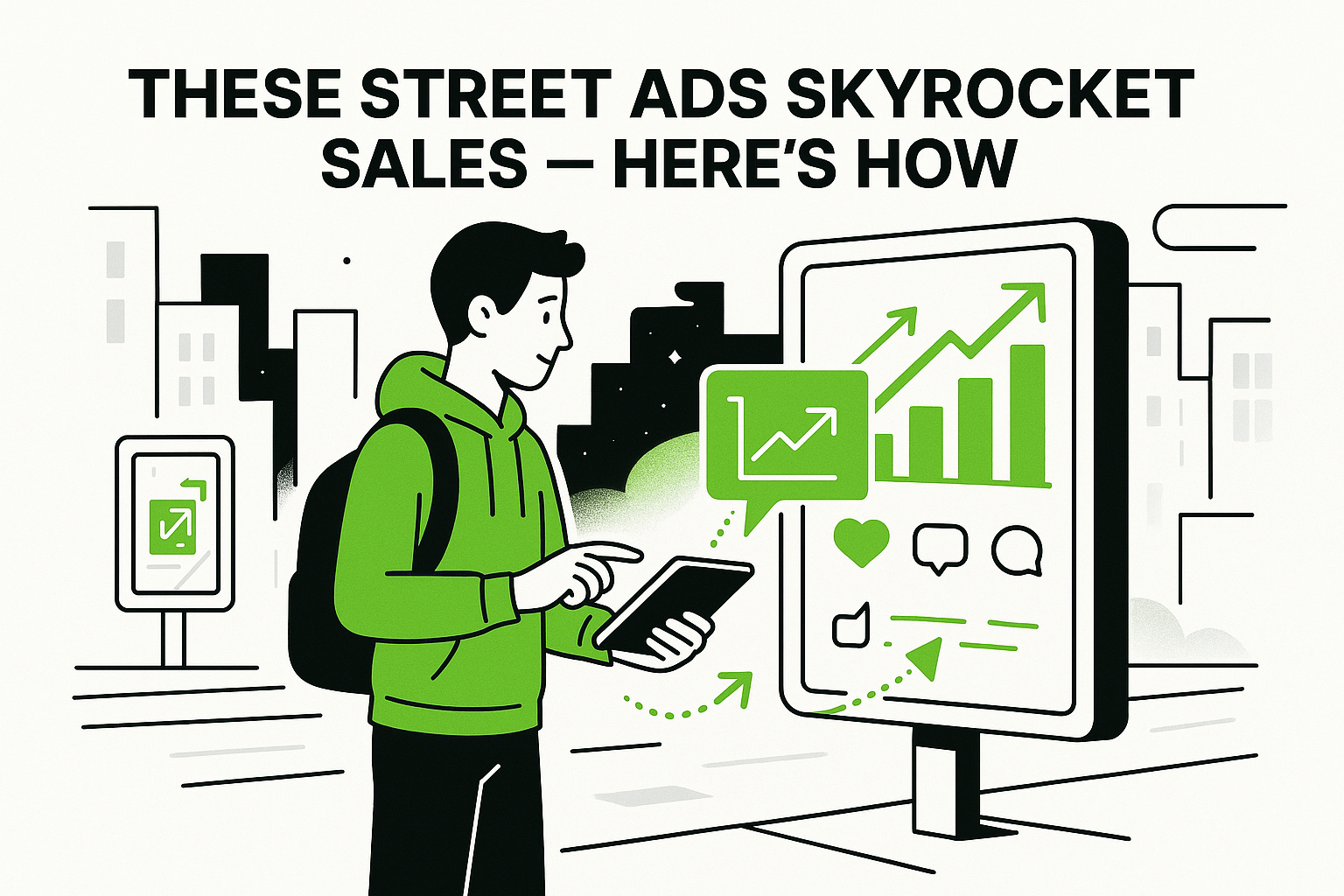 Urban marketer with tablet showing glowing holographic ad, data icons, city at night.