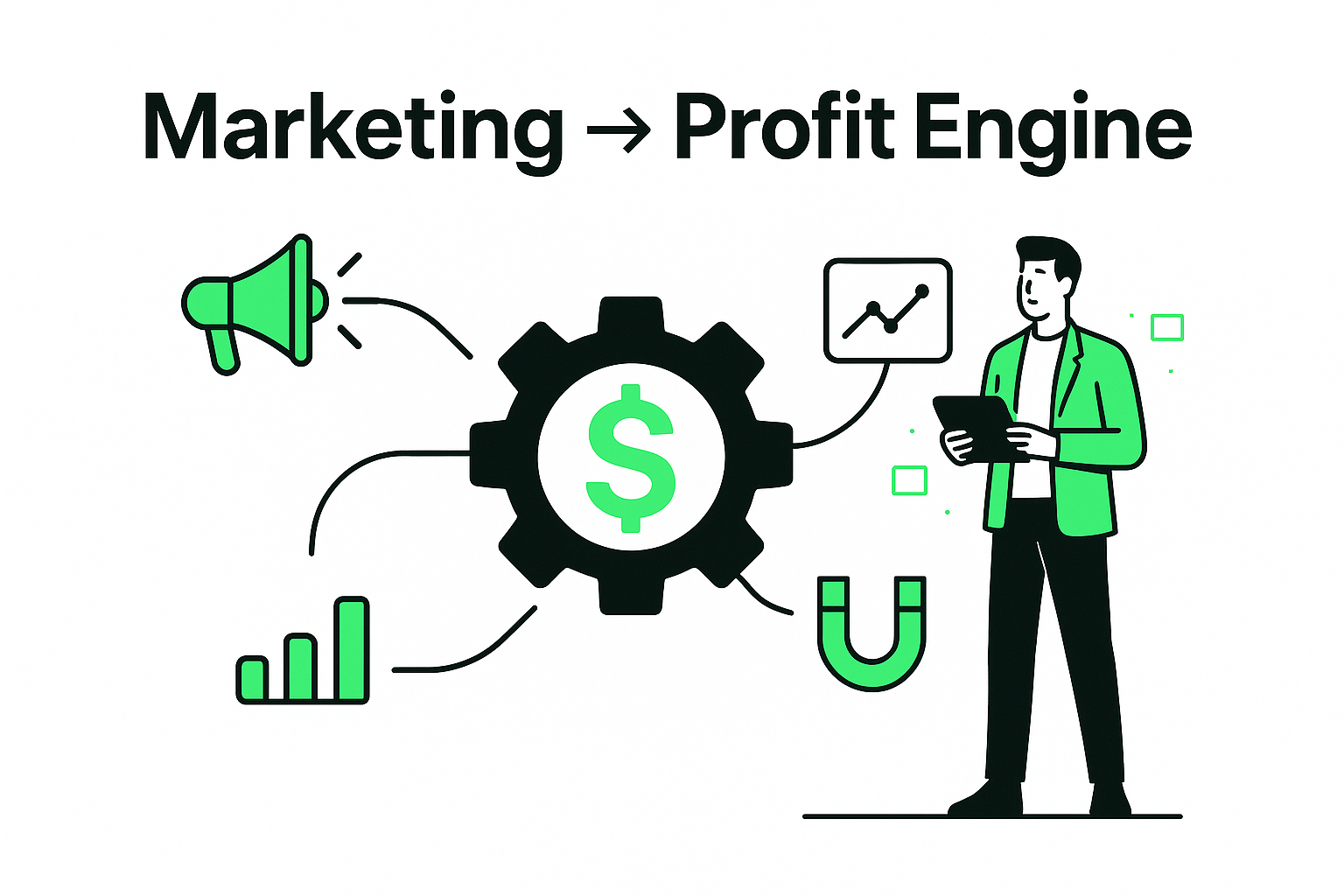 Stylized gear turning into dollar sign with marketing icons and a modern marketer holding a tablet.