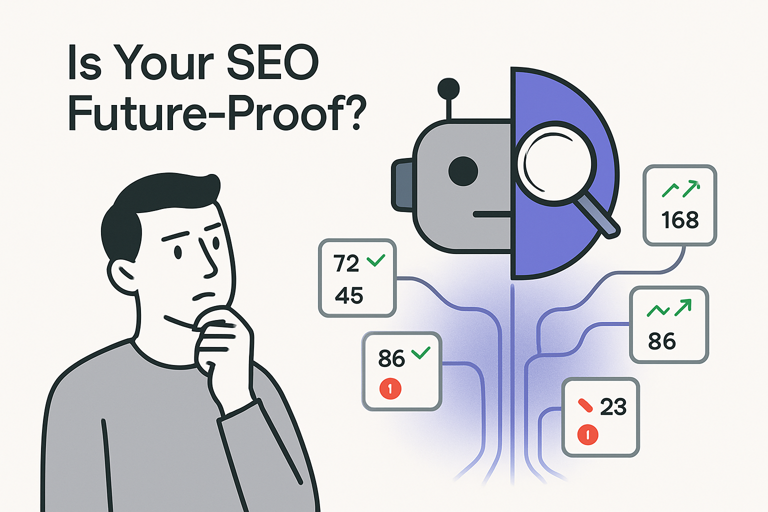 Alt text for the image showing AI search versus classic SEO with data waves and a minimalist tech illustration