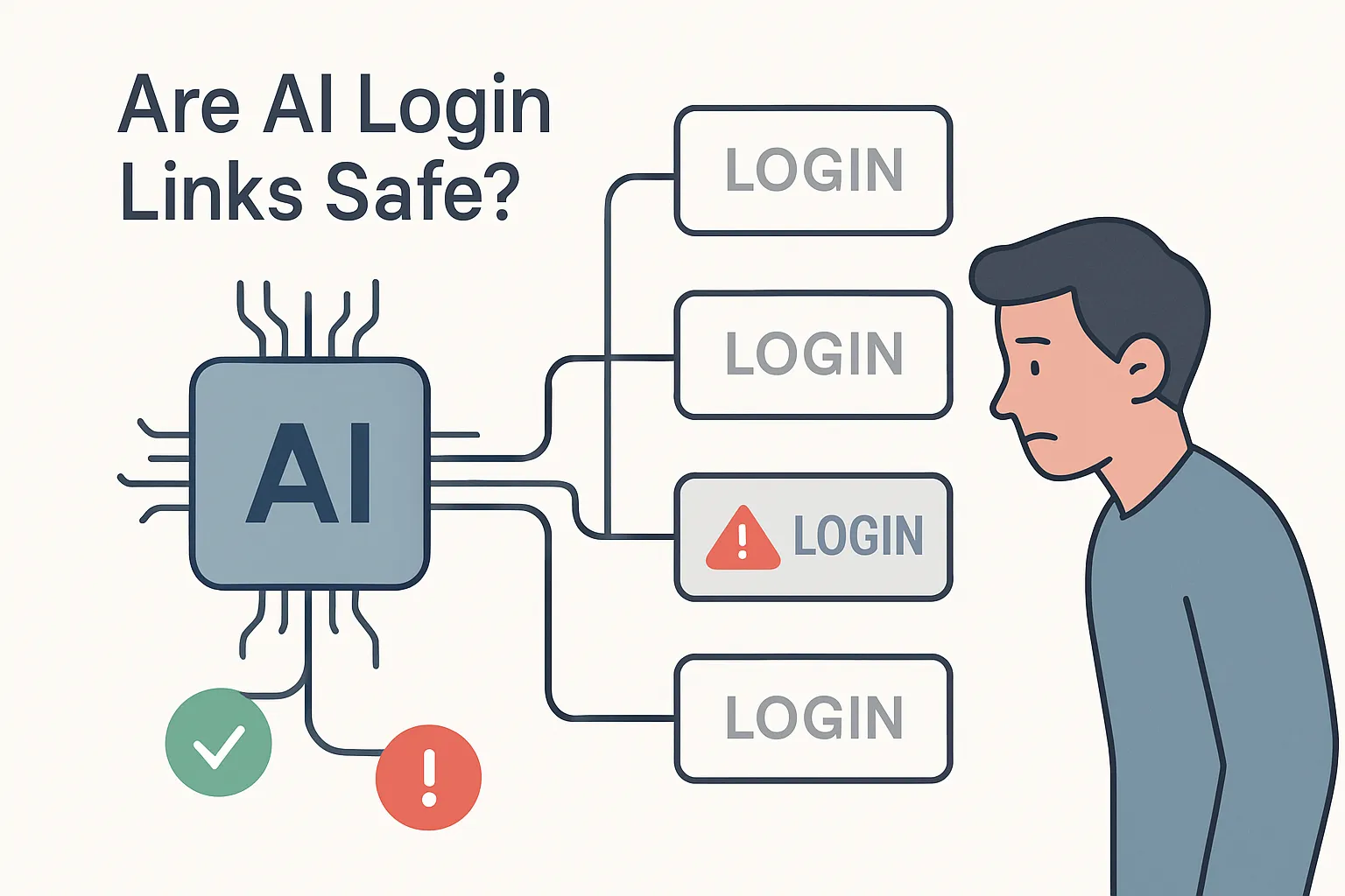 Minimalist tech illustration showing AI generated login links with one third being broken or risky highlighting hidden phishing danger with a concerned human avatar and stylized AI chip emitting branching login tiles in muted tones