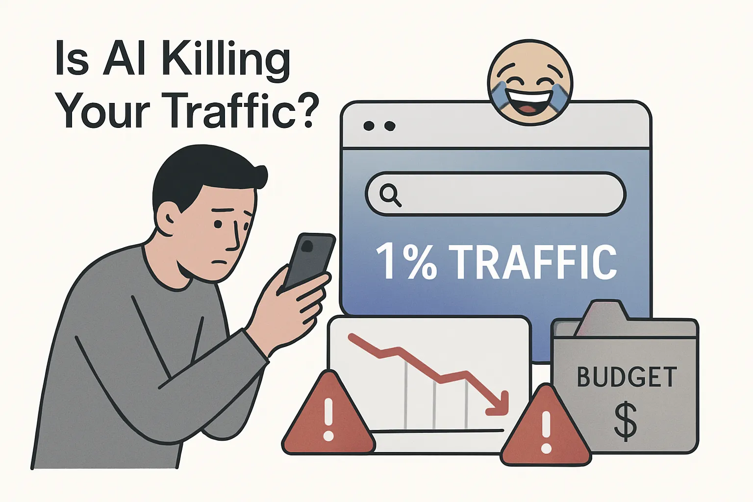 Minimalist illustration of an SEO professional worried about AI search traffic with a 1 percent stat surrounded by falling charts budget alerts and a search window with a subtle gradient background