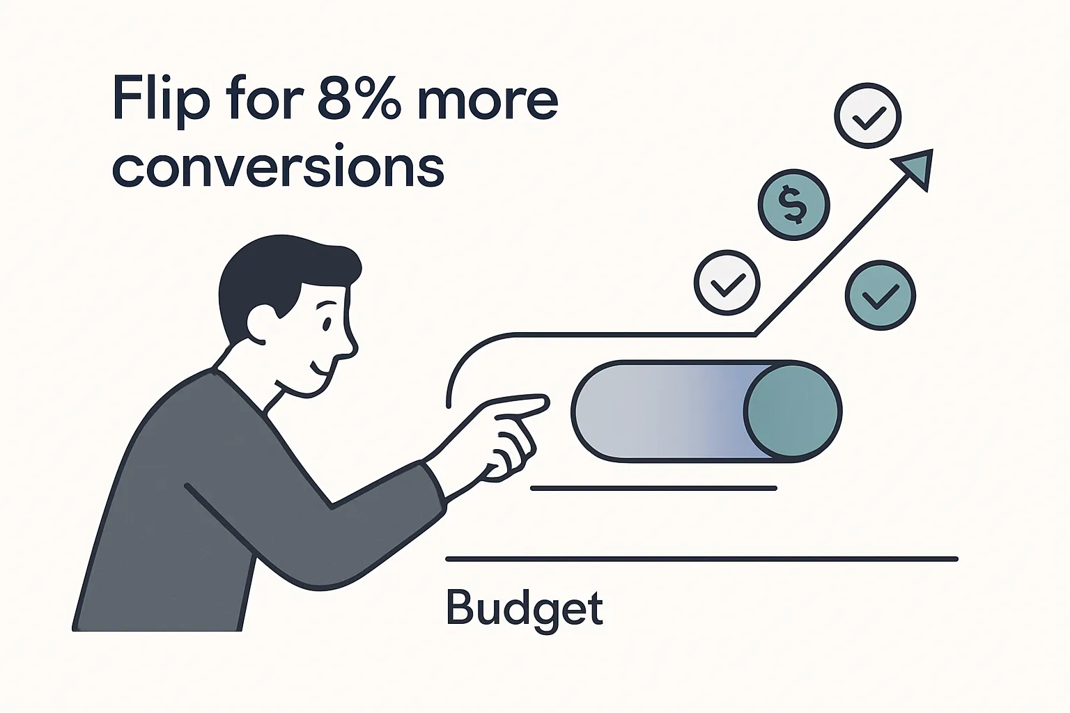 Minimalist tech illustration of a marketer flipping a toggle switch releasing upward conversion icons while a flat budget line remains unchanged