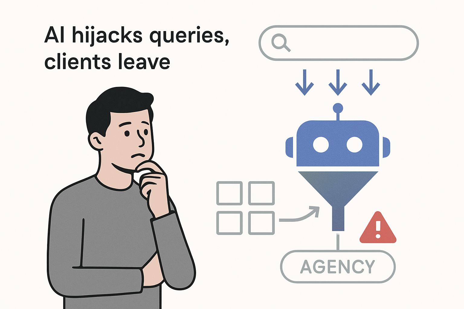 Minimalist illustration of an AI answer engine siphoning search queries away from an agency symbolizing lost clients and urgent adaptation