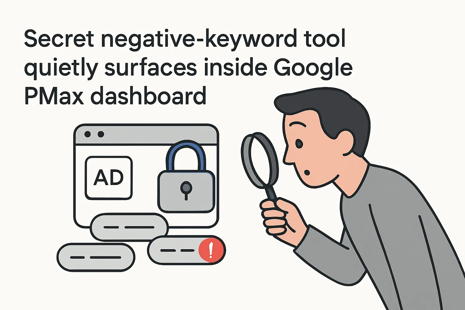 Minimalist illustration of Google Performance Max dashboard with secret negative keyword tool and character inspecting with magnifying glass