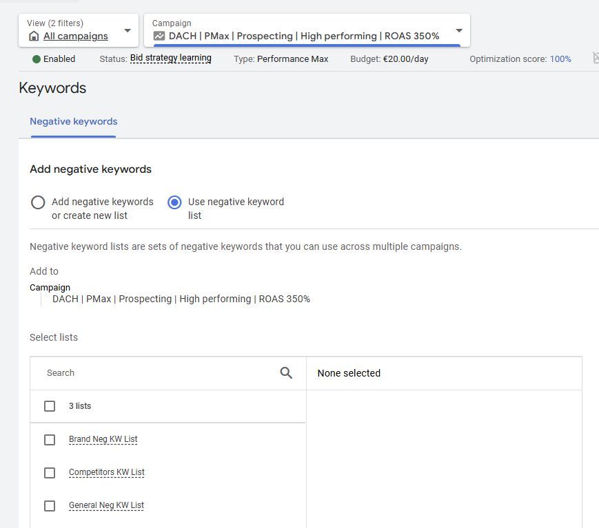 Screenshot of Google Ads interface showing new negative keyword list option inside a Performance Max campaign
