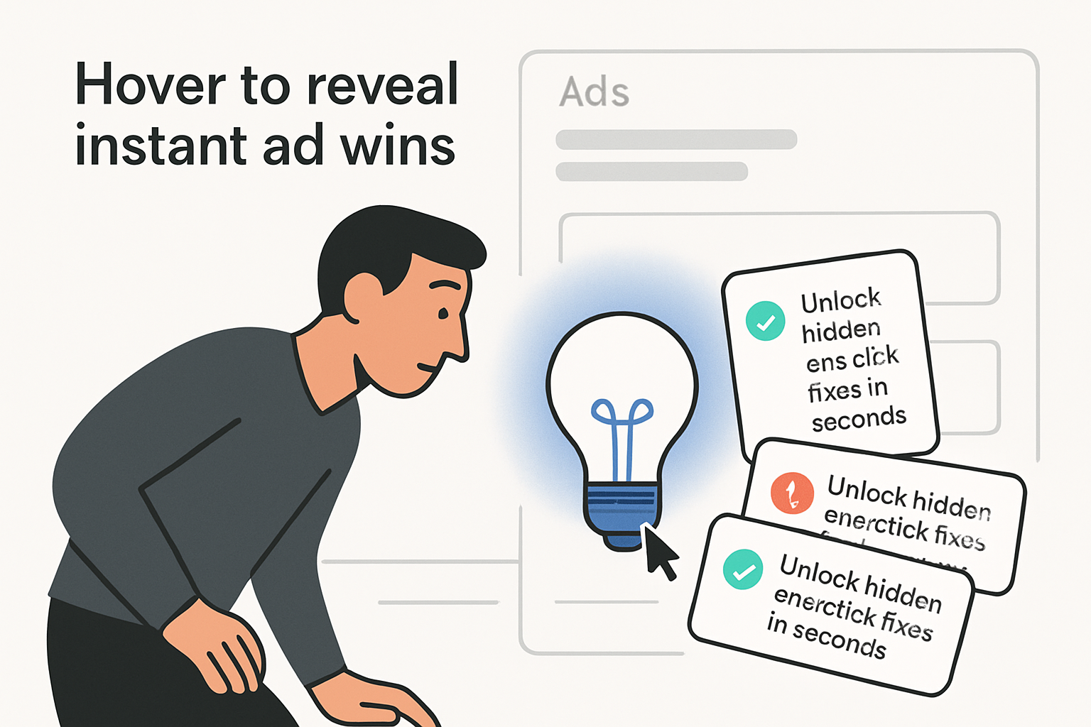 Minimalist illustration of a marketer leaning toward a glowing light bulb icon on an ads dashboard with pop-up tip cards