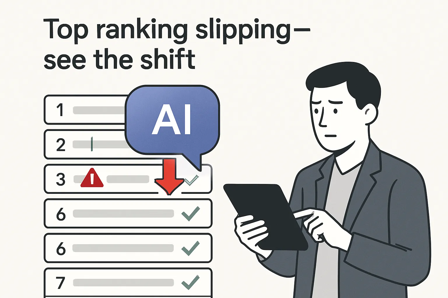 Minimalist tech illustration showing AI chat bubble eclipsing top search result with red down arrow and lower-ranked results rising with green up arrows, analyst avatar analyzing tablet