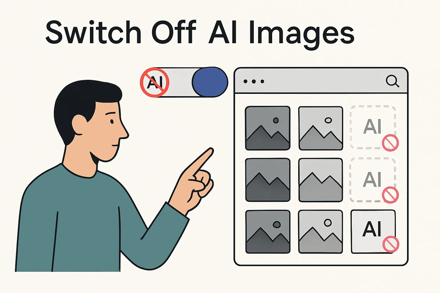 Illustration of DuckDuckGo toggle to remove AI generated images from search results in minimalist tech style with focused human avatar and search results window