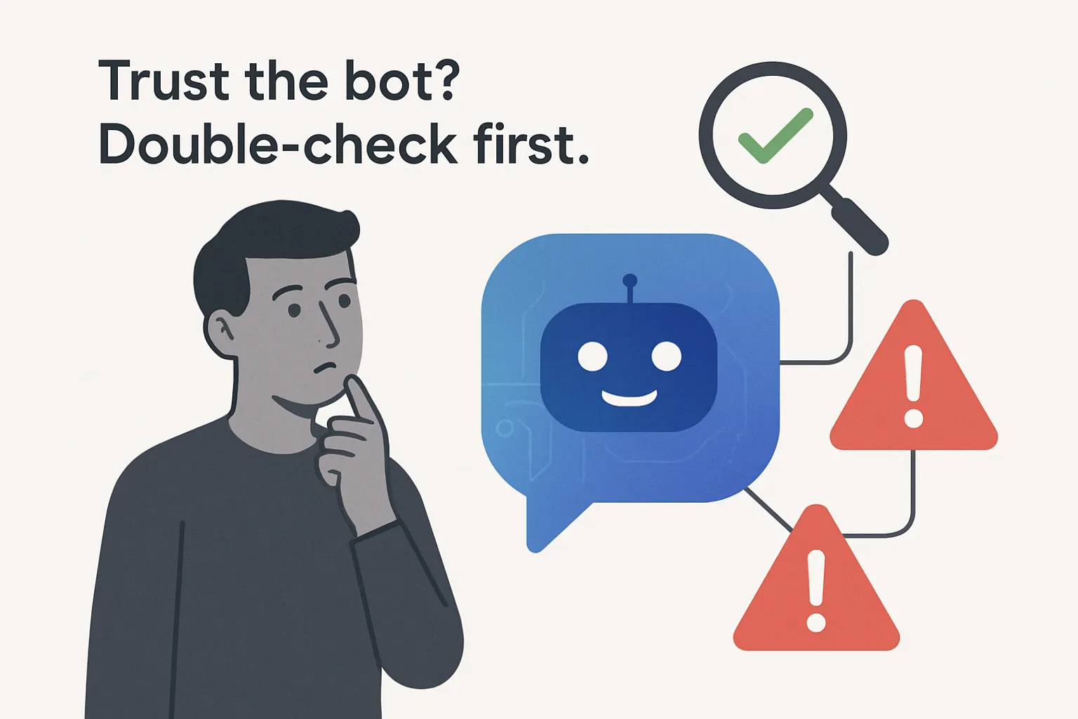 Minimalist illustration of a person contemplating a glowing chatbot with confirmation and warning icons against a white background