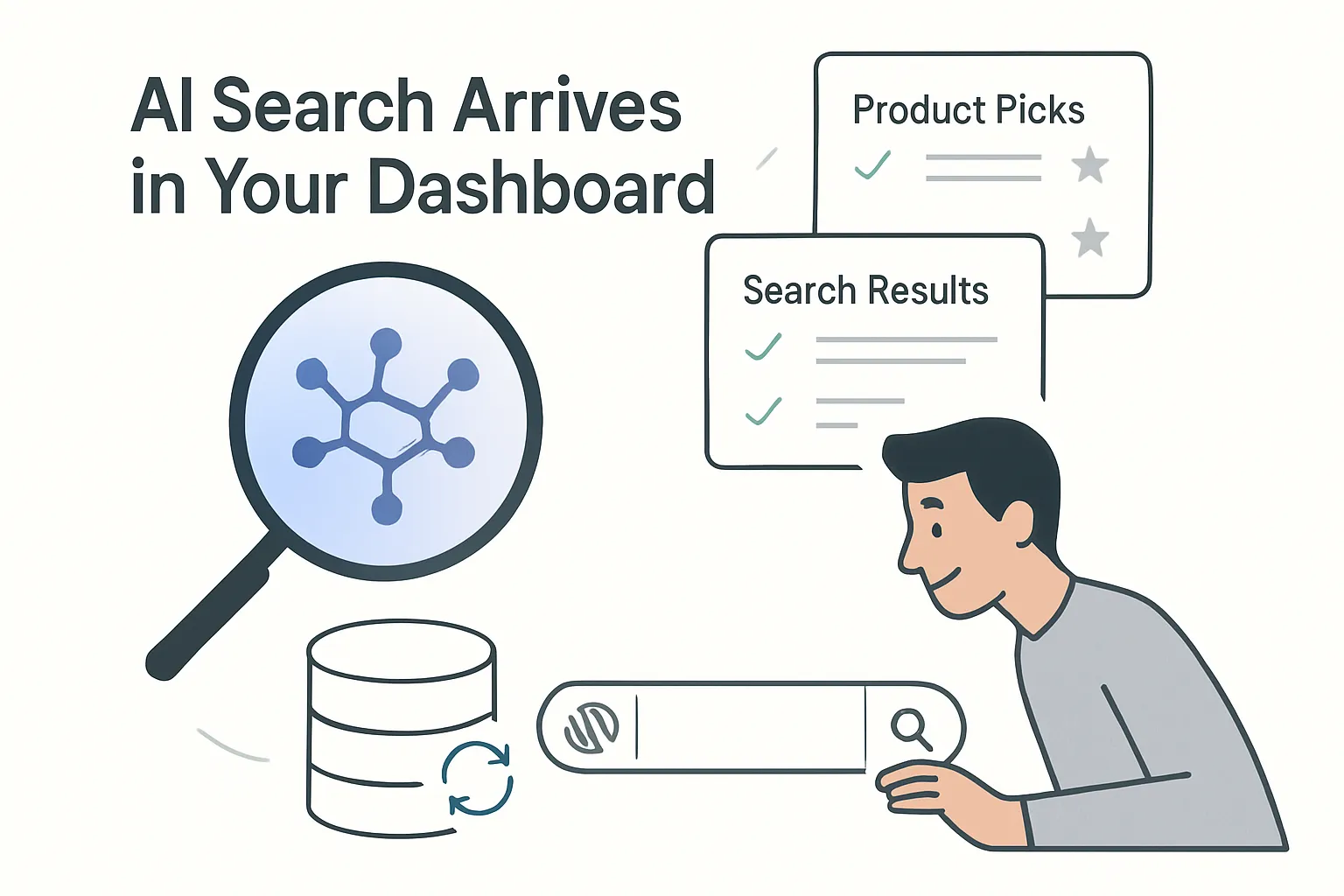 WordPress dashboard with AI-powered search feature and smart product suggestions in minimalist tech style