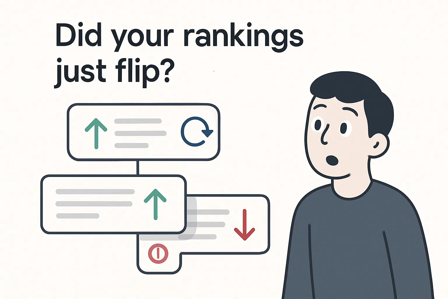 Minimalist tech illustration showing search bar with refresh arrow and rising and falling result cards with arrows and icons with surprised avatar