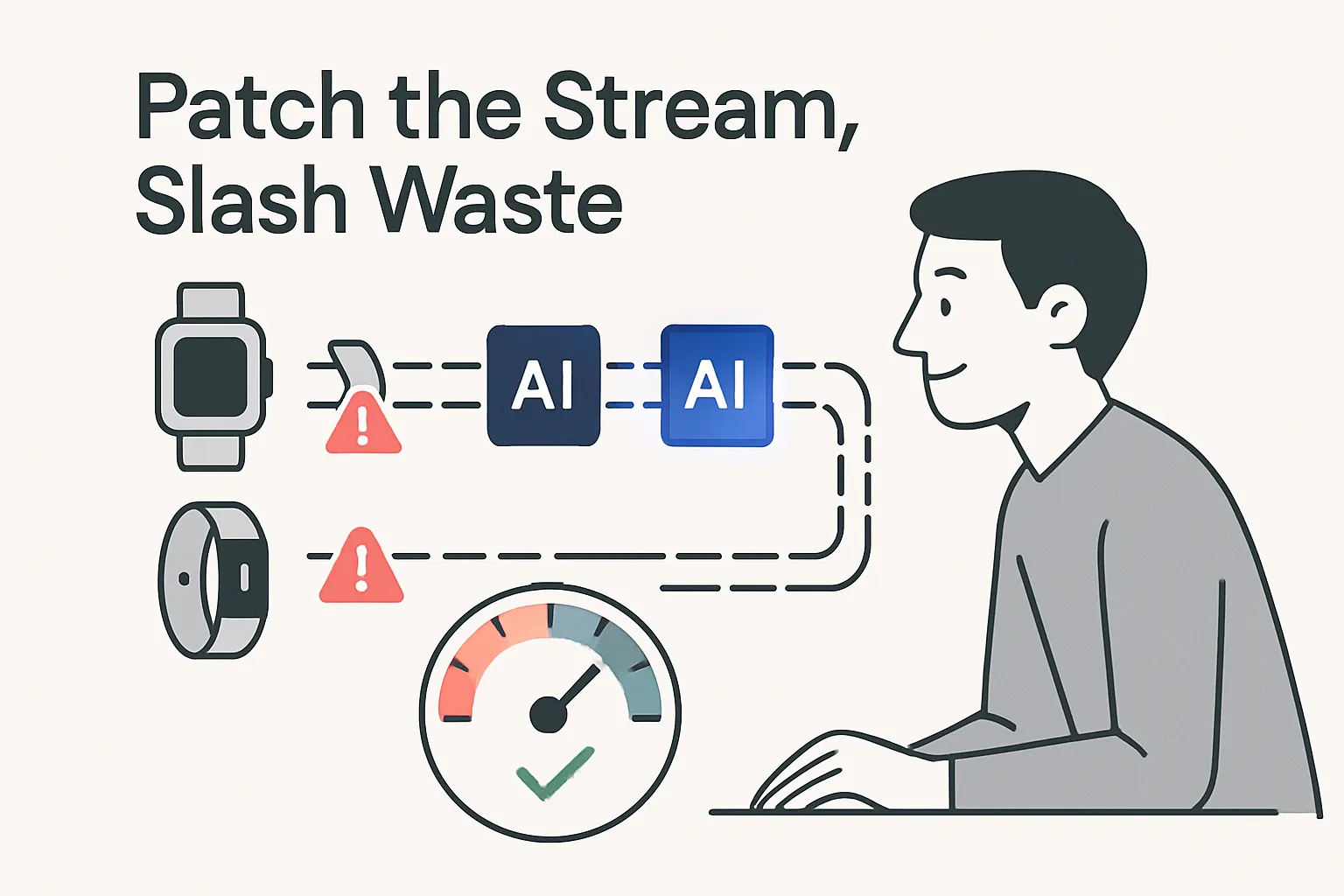 Minimalist illustration of AI patches bridging broken wearable data streams to reduce waste