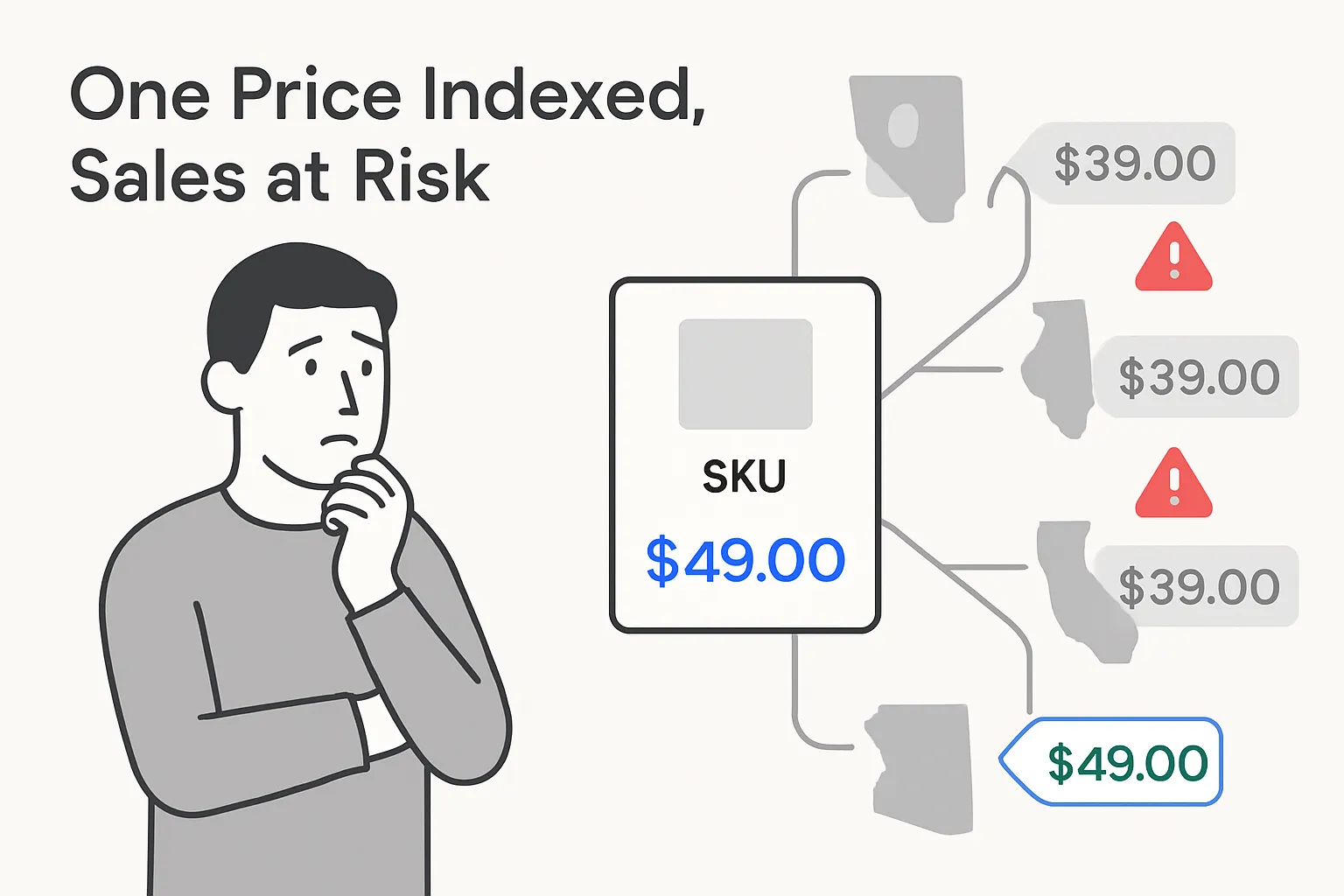 Illustration of Google indexing one product price with branching price tags and a worried ecommerce manager observing potential sales loss