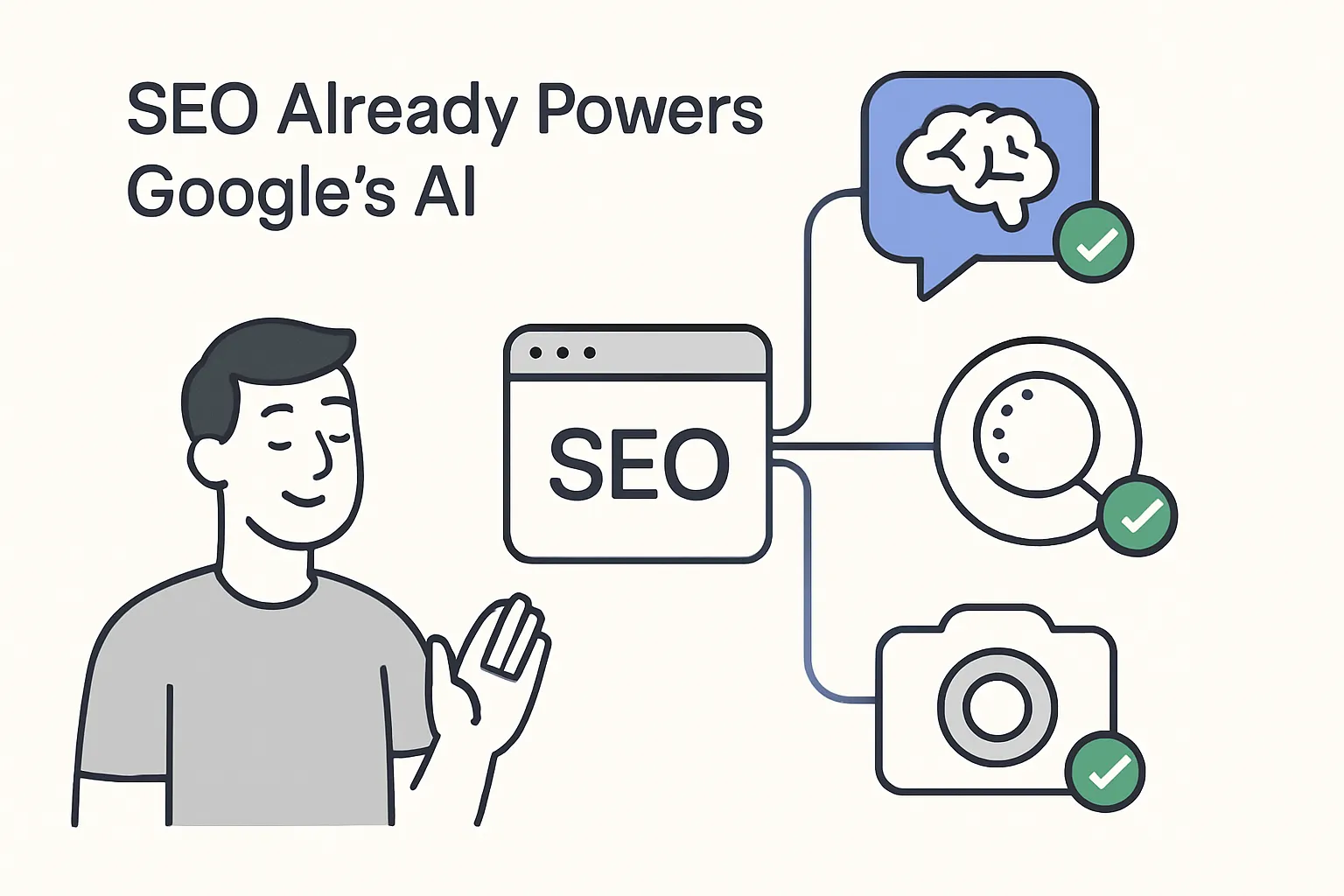 Minimalist SEO webpage icon branching into AI features with marketer avatar observing