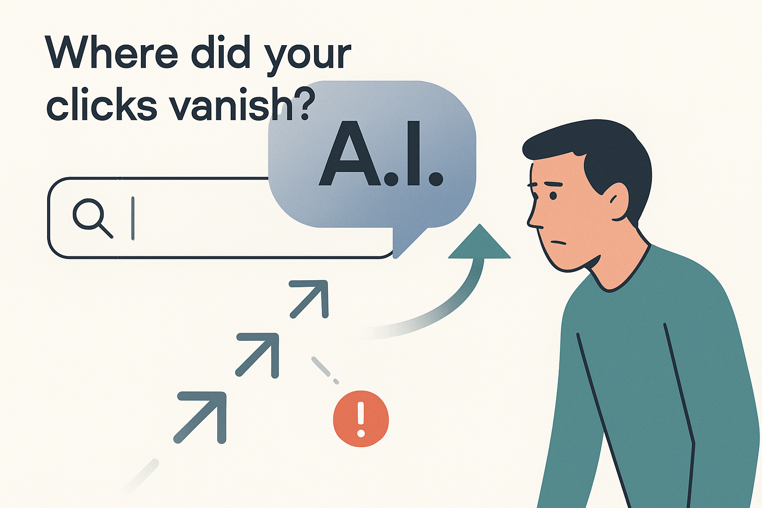 Minimalist illustration of AI answer box swallowing search clicks showing winners versus losers