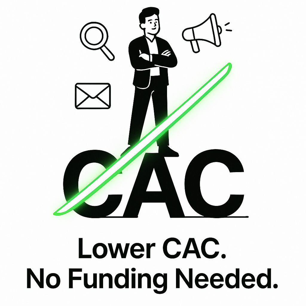 Alt tag:  
Entrepreneur slicing "CAC" acronym with digital blade, surrounded by icons of organic growth tools.