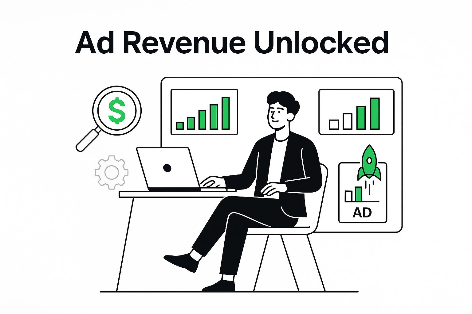 Modern professional at sleek desk with floating ad revenue dashboard and bold text: “Ad Revenue Unlocked”