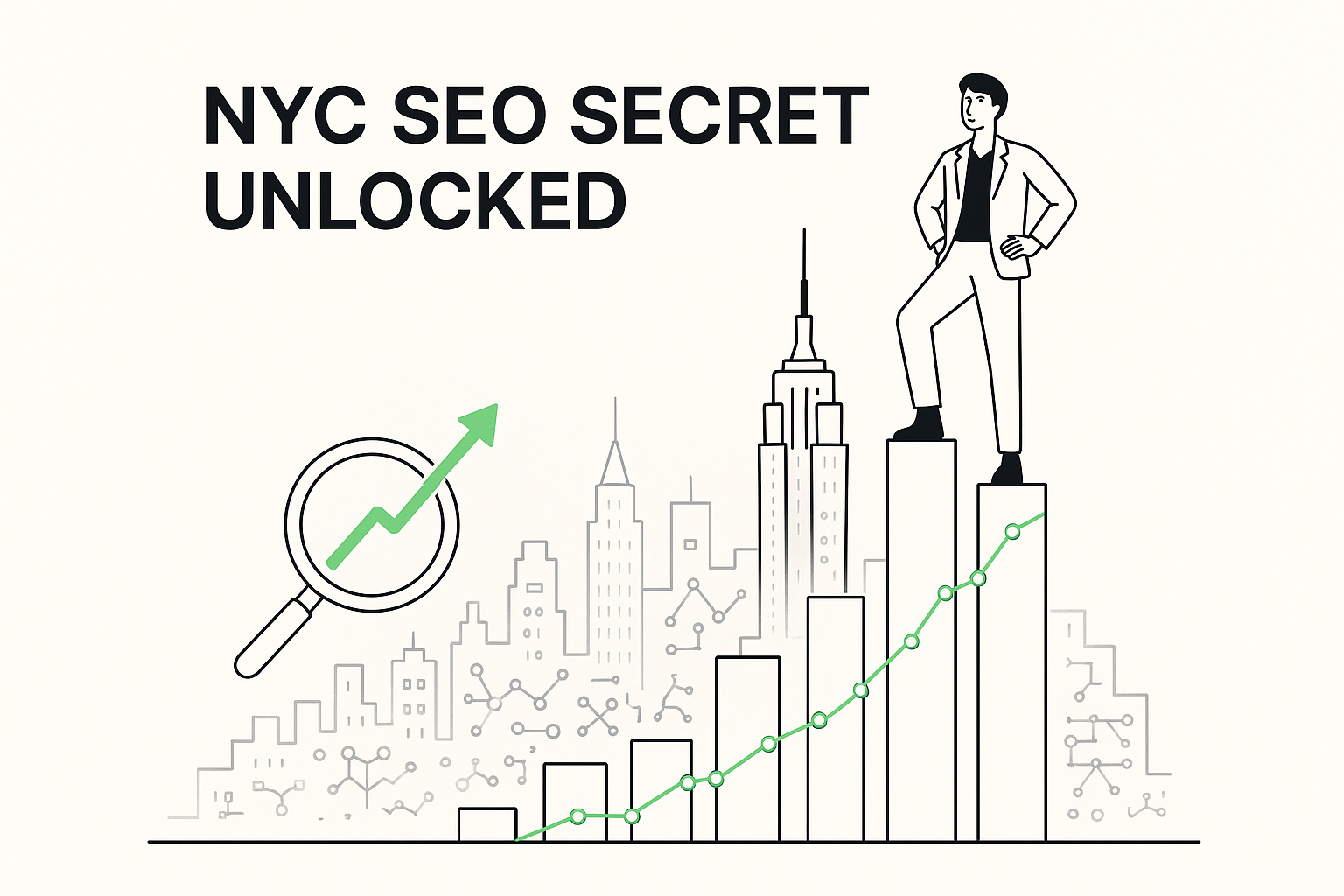Gender-neutral figure atop digital NYC skyline of SEO bars, glowing arrow and “NYC SEO Secret Unlocked” text.