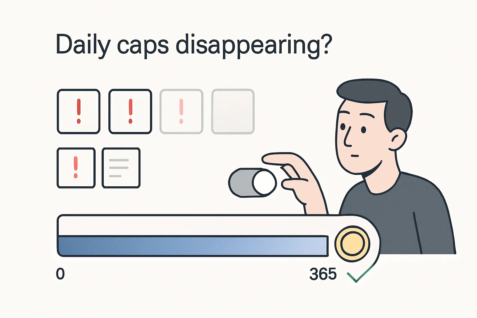 Minimalist illustration showing transition from multiple daily ad spend limits to a single lifetime budget with tech symbols and a character interacting with toggle