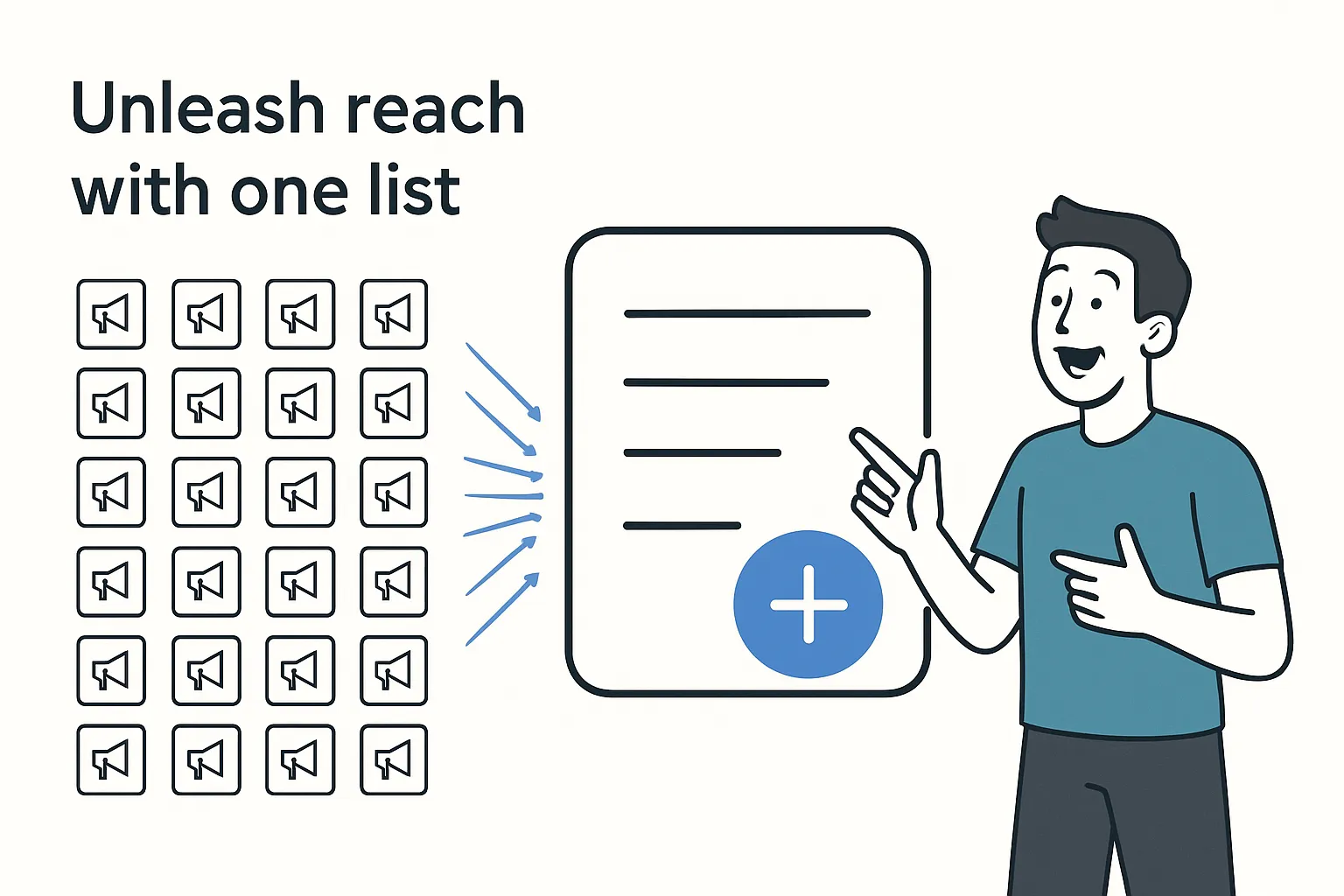 Illustration of multiple ad sources converging into a single remarketing list with a large list icon and a human avatar pointing at it in a minimalist tech style