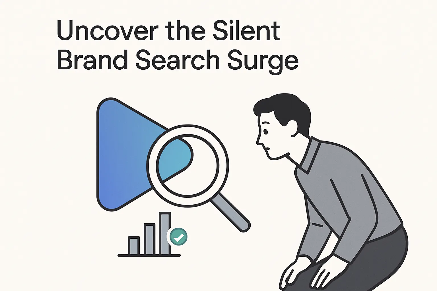 Minimalist illustration of an invisible journey from ad view to brand search highlighting a new metric reveal with a curious analyst character and combined play and magnifying glass icon