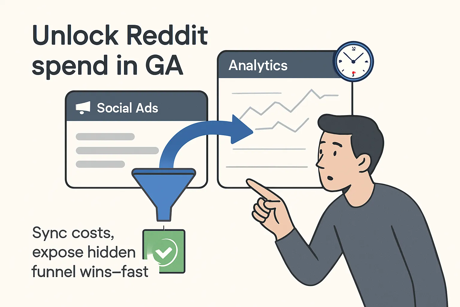 Minimalist illustration of data flow from social ad dashboard to analytics panel with conversion funnel and 24-hour clock badge