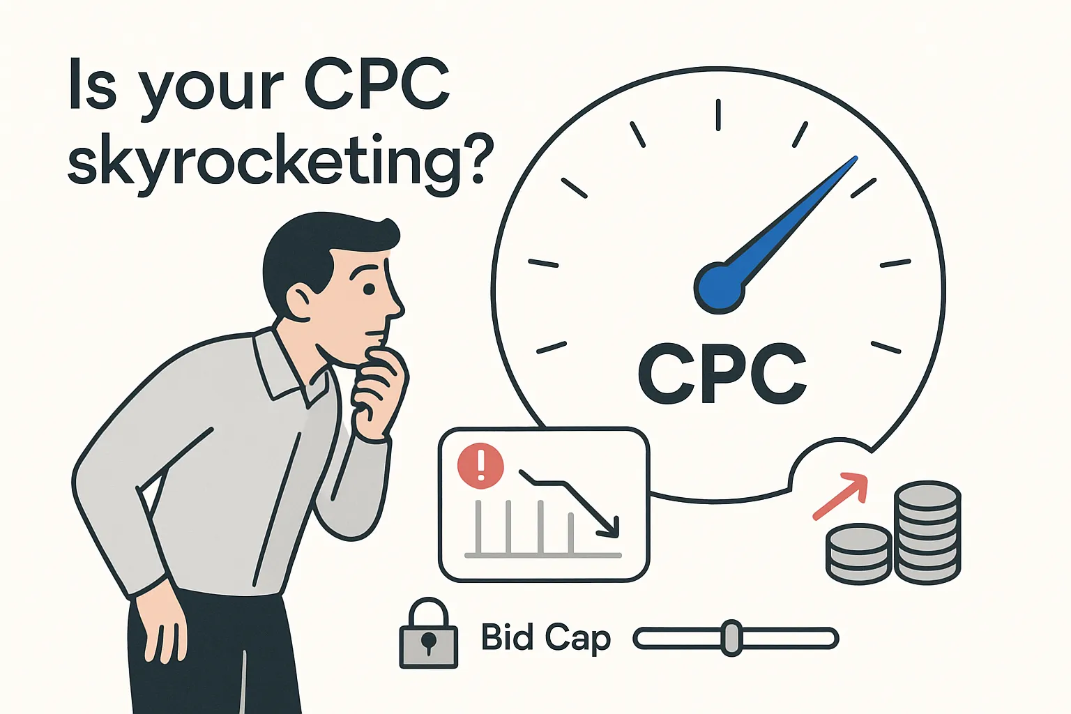 Minimalist illustration showing a worried marketer observing a rising CPC gauge with warning icons indicating declining ROI and increased ad costs