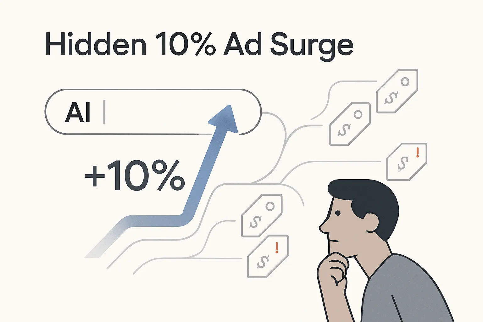 Minimalist tech illustration showing an AI search bar with upward arrow and branching cost icons watched by a curious marketer avatar