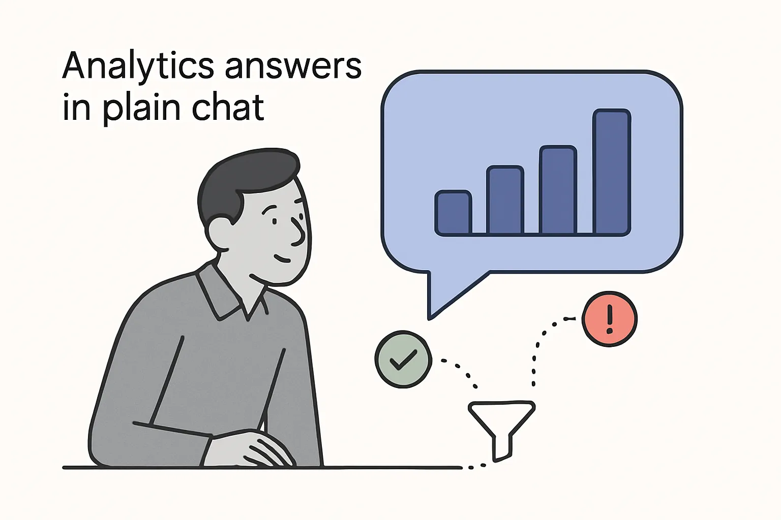 Illustration of a chat bubble fused with analytics bars showing real-time data conversation between an AI language model and a marketer