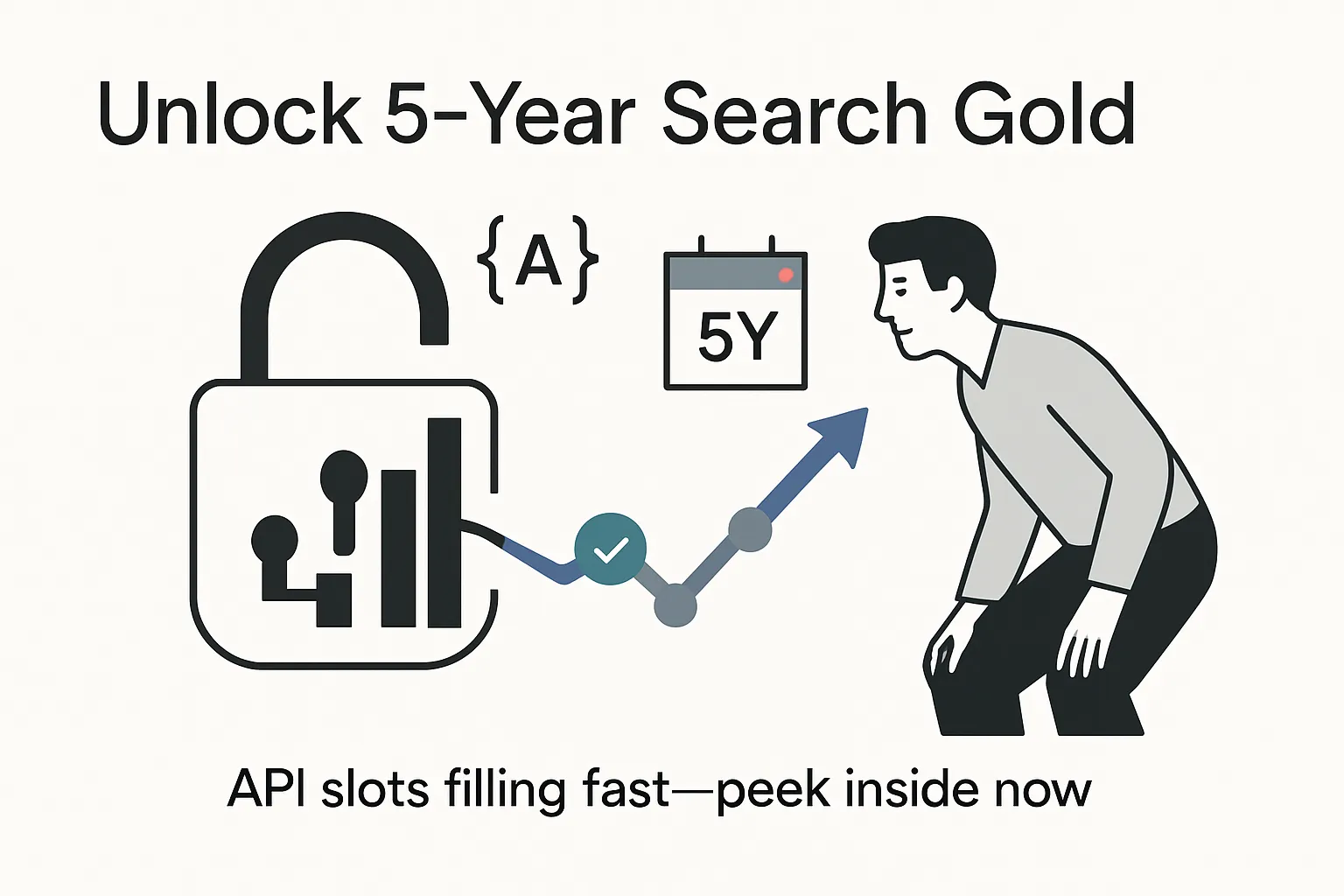 Minimalist tech illustration of an open API lock releasing trend-line data with 5-year Google search insights and a curious human avatar