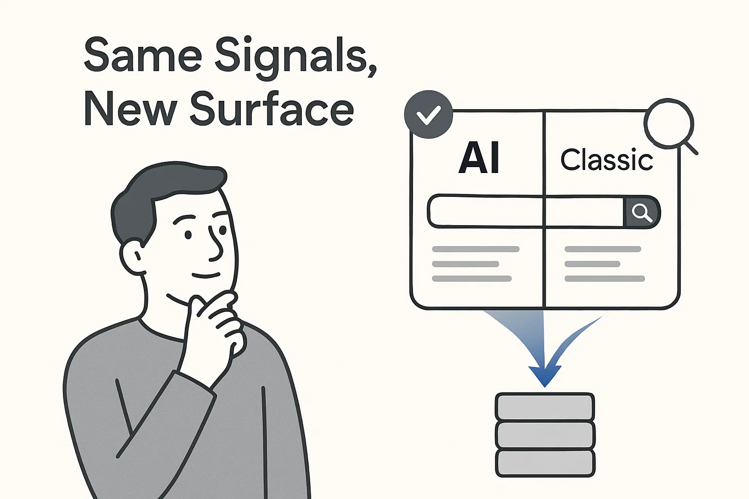 Illustration showing Google AI Overview and classic search sharing the same ranking signals with a human avatar and dual search panels