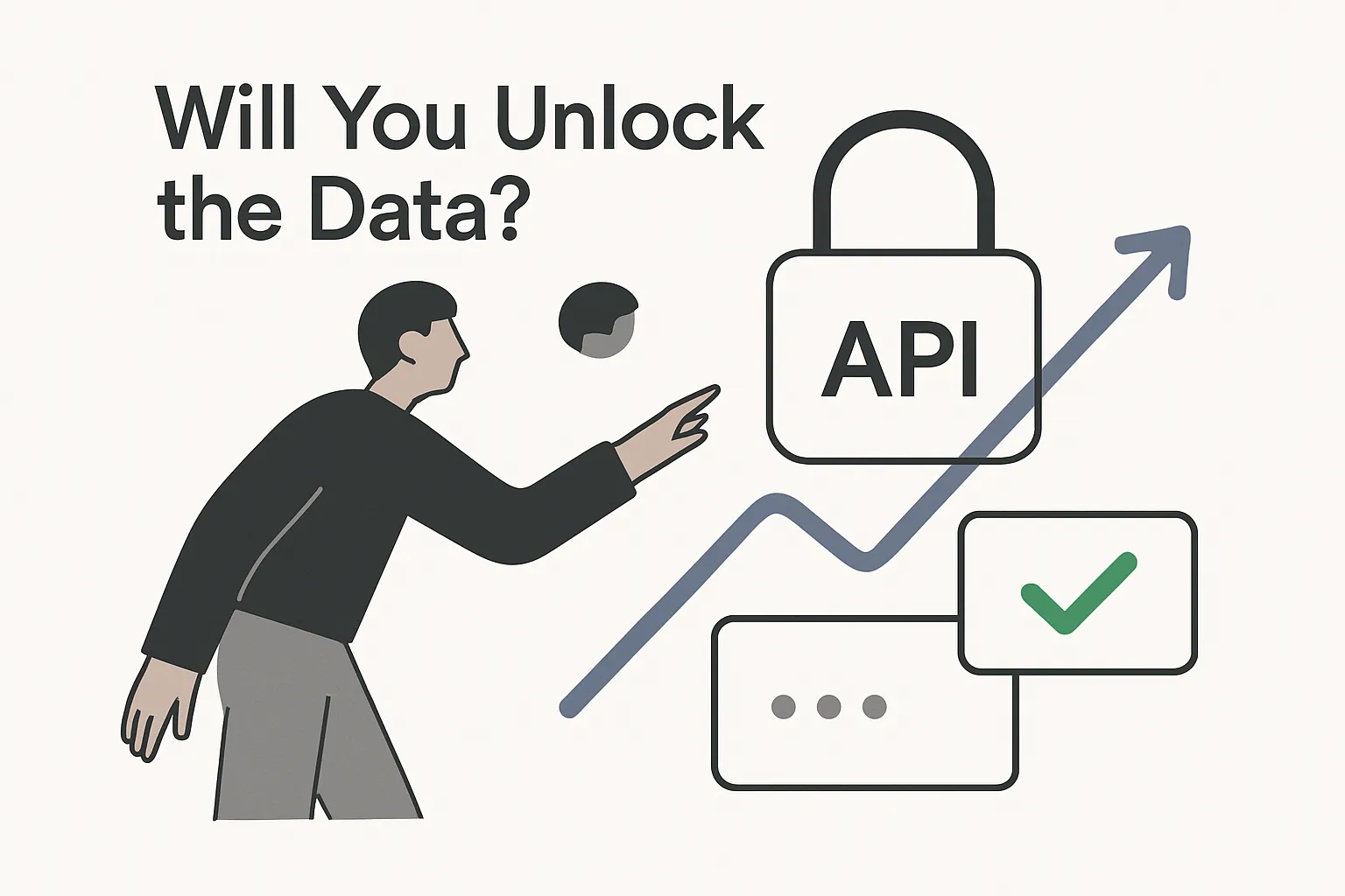 Minimalist tech illustration showing a human avatar reaching toward an unlocked padlock fused with a rising graph line and two floating access pass tiles depicting limited data access